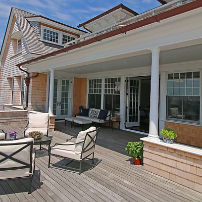 Custom millwork exterior trim and columns on home built by Lawrence Builders in South Kingston, RI